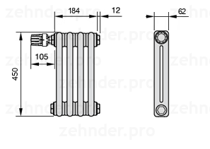 Схема (чертеж) Радиатор Zehnder Charleston 2045/4 №V012 Белый глянцевый RAL 9016
